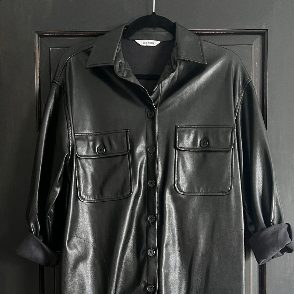 Steve Madden Black Faux Leather Shirt Jacket with Patch Pockets - Picture 2 of 5